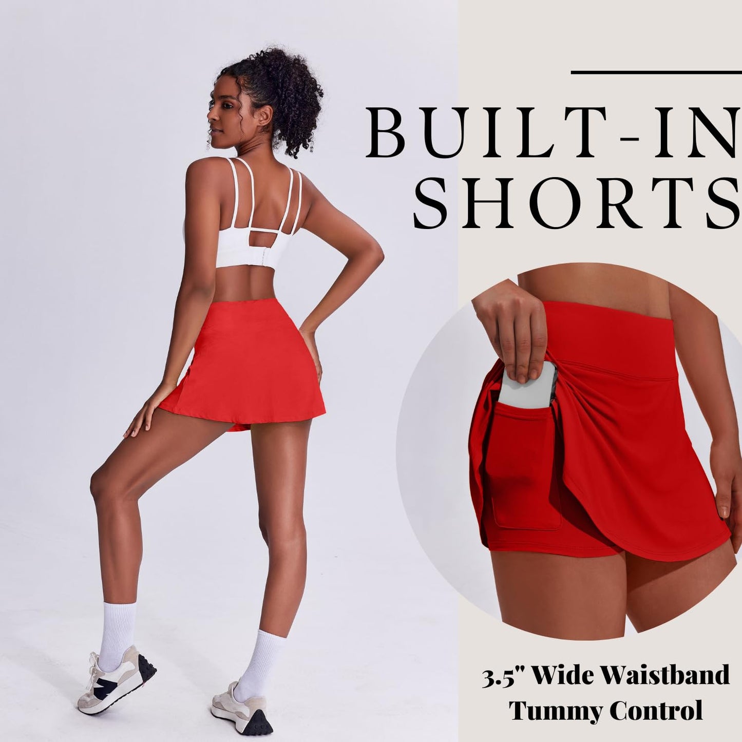 Women's Tennis Skort with Pockets & Built-in Shorts – High-Waisted Golf Running Skort for Active Lifestyle, Sporty Fitness Wear (Red,S)