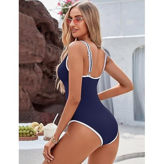 Women's Dark Blue One Piece Swimsuit with White Trim: Adjustable Strap, Ribbed, High Cut for Sports & Beach（M）