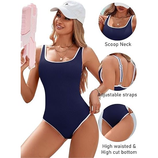 Women's Dark Blue One Piece Swimsuit with White Trim: Adjustable Strap, Ribbed, High Cut for Sports & Beach（M）