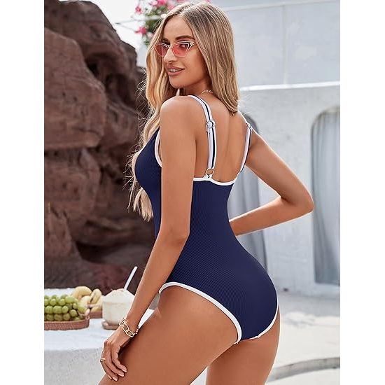 Women's Dark Blue One Piece Swimsuit with White Trim: Adjustable Strap, Ribbed, High Cut for Sports & Beach（S）