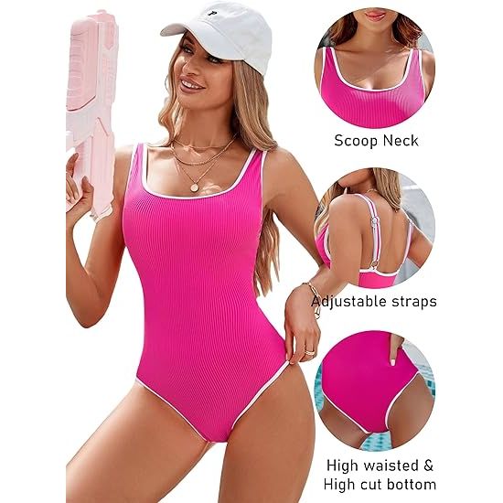 Women's Red One Piece Swimsuit with White Trim: Adjustable Strap, Ribbed, High Cut for Sports & Beach（M）