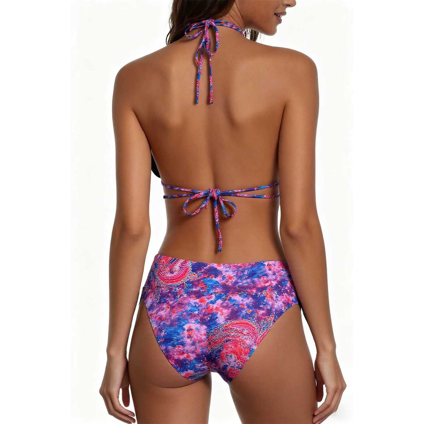 Double Strap Tie-Dye Cosmic Pattern Print Bikini Deep V Swimwear Tie-Dye Swimsuit Size S