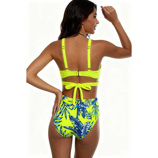 Fluorescent Yellow Crossover Design Bikini Palm Leaf Print Swimwear Size L