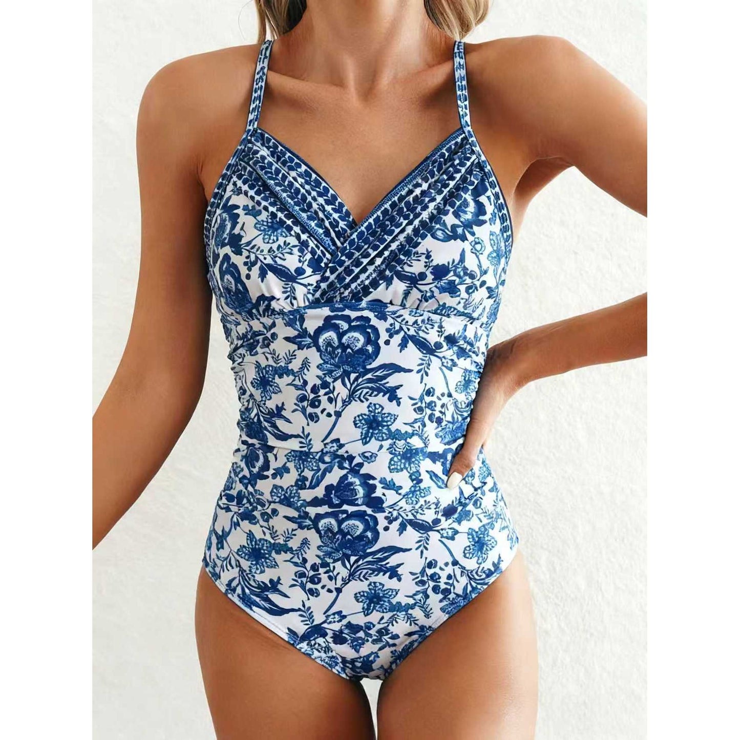 Elegant Chinese-Inspired Printed Bathing Suit With Eye-catching Blue And White Motif Size L