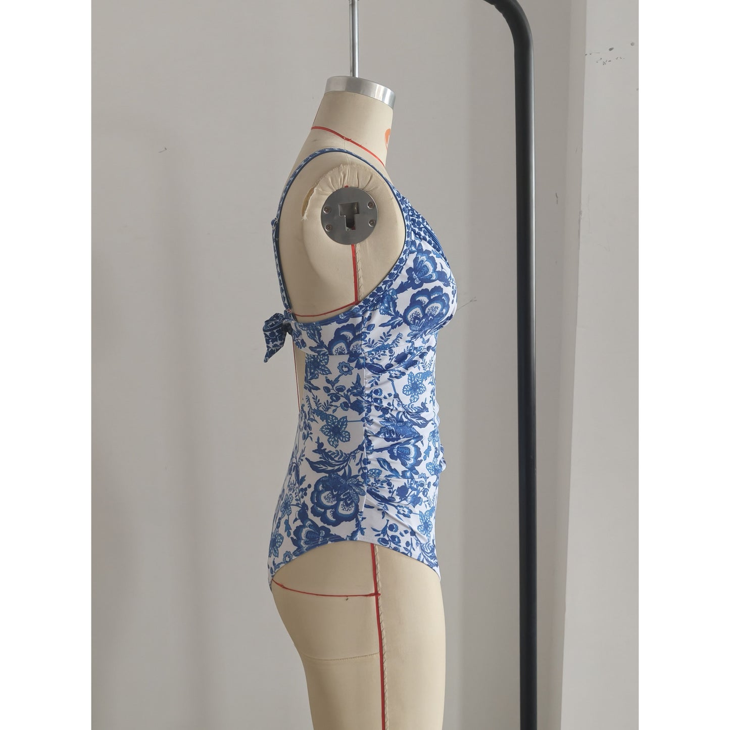 Elegant Chinese-Inspired Printed Bathing Suit With Eye-catching Blue And White Motif Size M