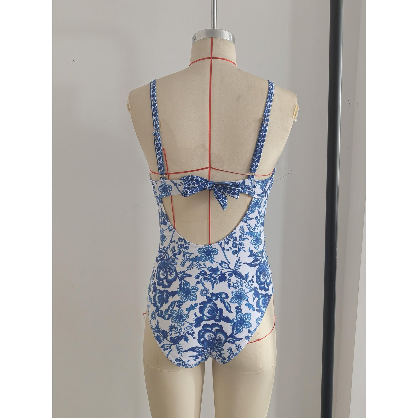 Elegant Chinese-Inspired Printed Bathing Suit With Eye-catching Blue And White Motif Size S
