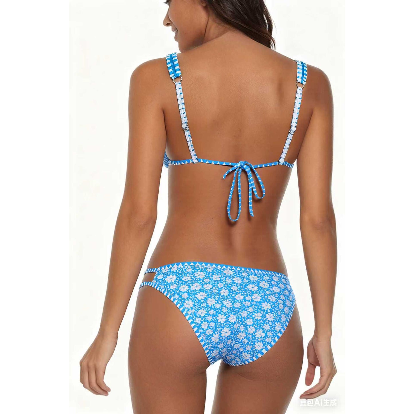 Adjustable Strap Blue Floral Print Swimwear Set Size L