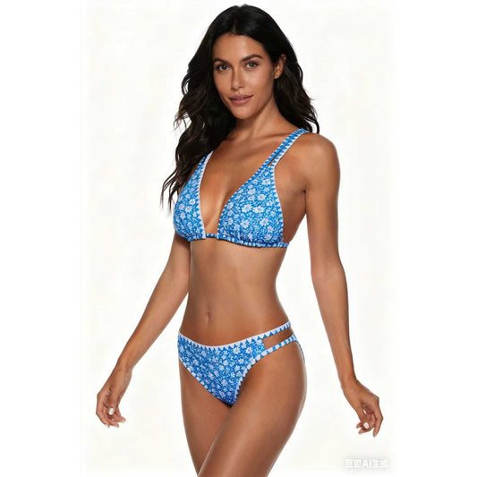 Adjustable Strap Blue Floral Print Swimwear Set Size M