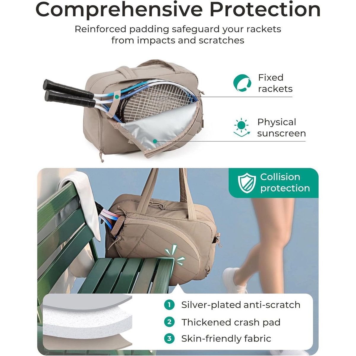 Tennis Bag - Tennis Backpack - 42L with Shoe Compartment - Sports Bag - Waterproof Racket Bag - Protective Racket Compartment - Portable as a Shoulder Bag - Camel