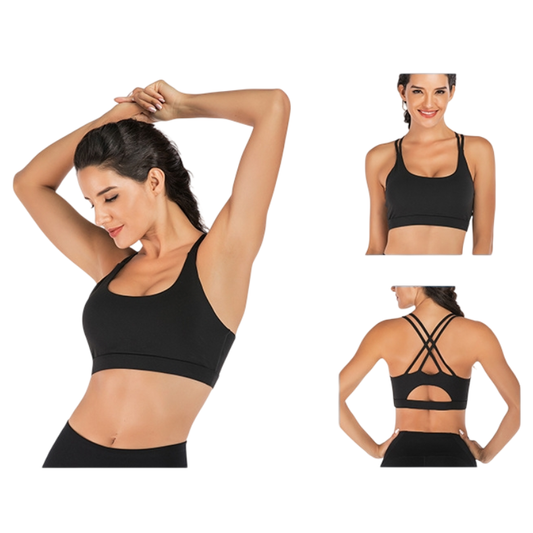S Size Black Elegant Criss-Cross Back Sports Bra for Women - High Support & Anti-Shock, Wire-Free Yoga Crop Top with X-Shape Fine Strap
