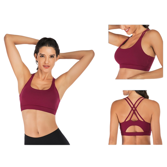 S Size Wine Red Elegant Criss-Cross Back Sports Bra for Women - High Support & Anti-Shock, Wire-Free Yoga Crop Top with X-Shape Fine Strap