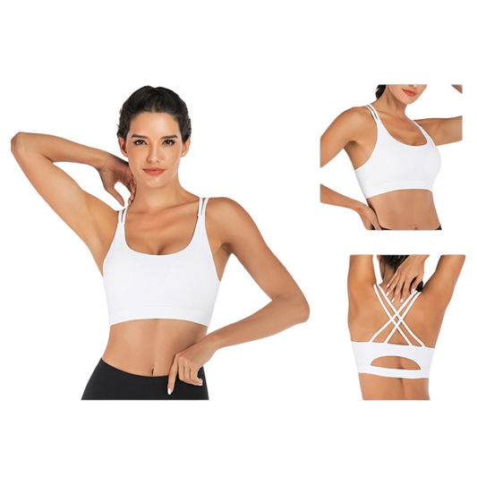 M Size White Elegant Sexy Criss-Cross Back Sports Bra for Women - High Support & Anti-Shock, Wire-Free Yoga Crop Top with X-Shape Fine Strap