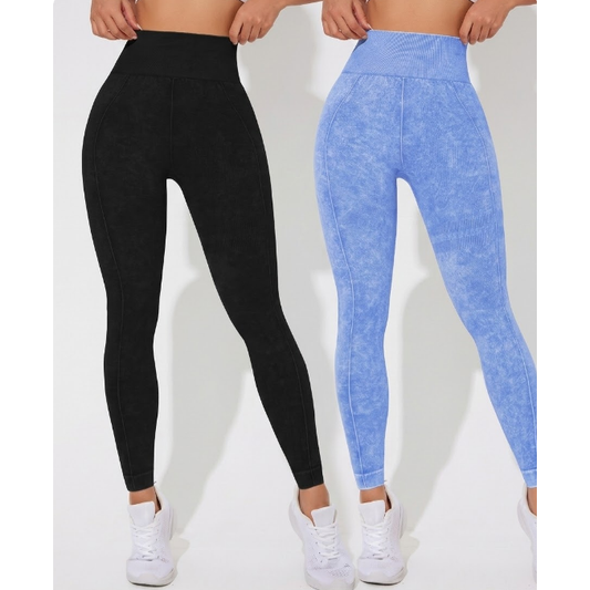 Seamless High Waisted Yoga Leggings 2 PCS Solid Black and Sand Washed Blue Size S Moisture Wicking Activewear