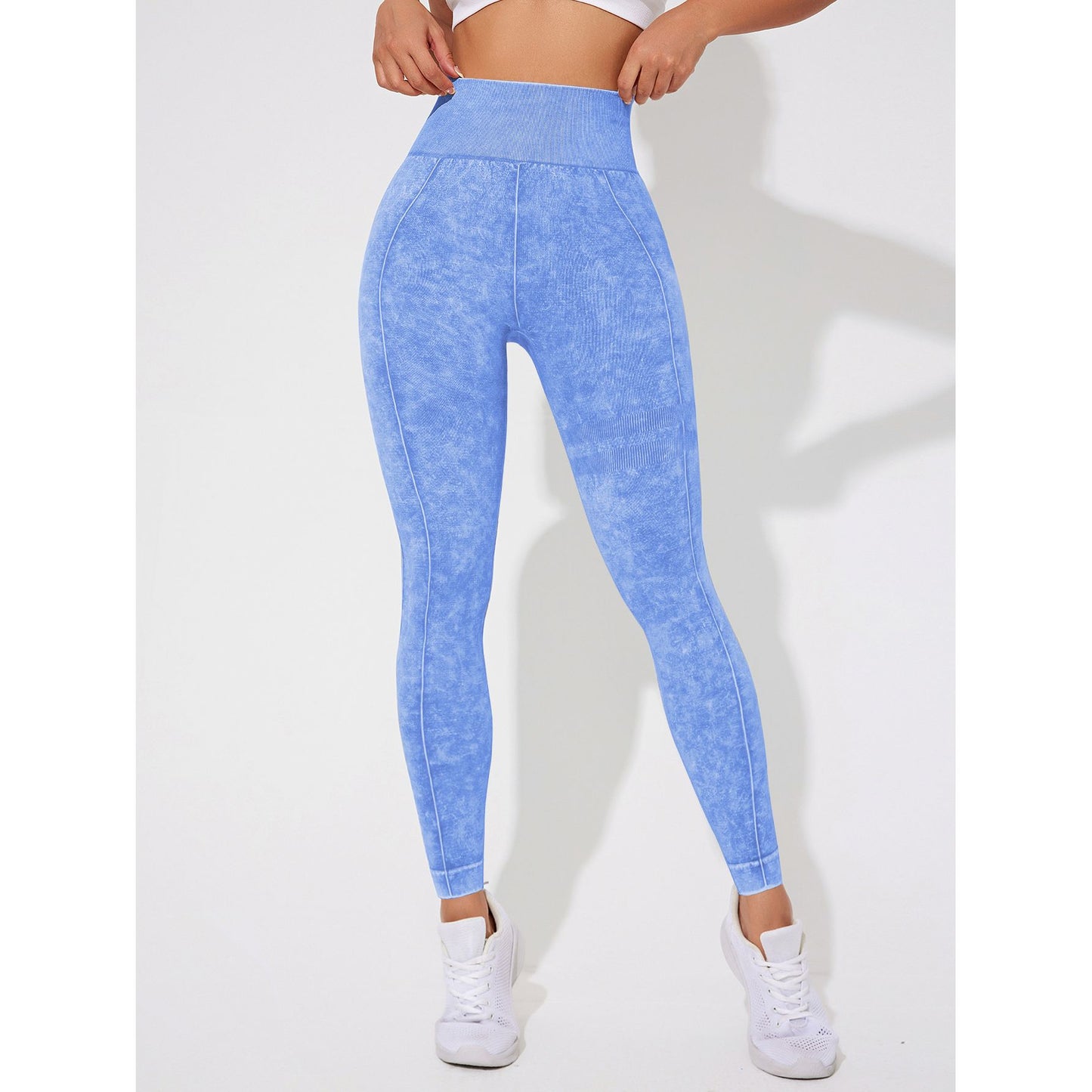 Seamless High Waisted Yoga Leggings 2 PCS Solid Black and Sand Washed Blue Size M Moisture Wicking Activewear