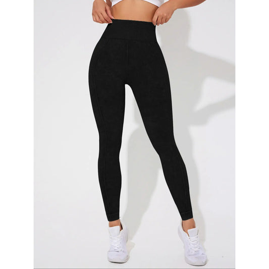 Seamless High Waisted Yoga Leggings 2 PCS Solid Black and Sand Washed Blue Size L Moisture Wicking Activewear