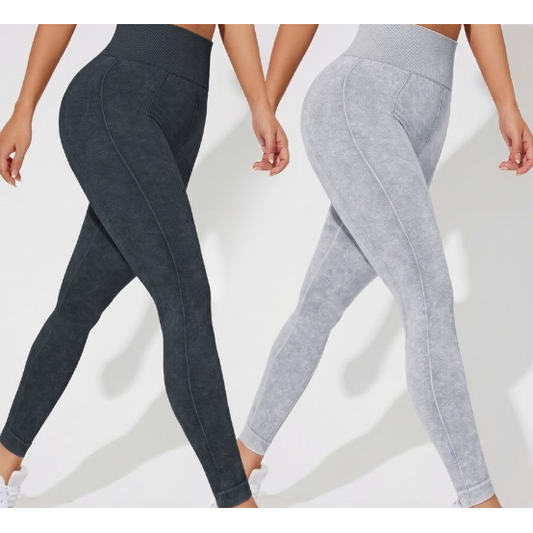 2 PCS Women's High Waisted Seamless Yoga Leggings Washed Black and Light Grey Activewear Tights Size L